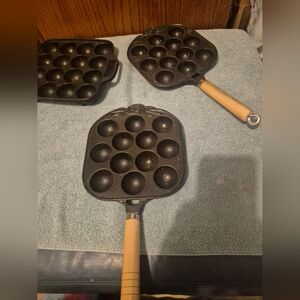 Vintage Cast Iron Æbleskiver Pancake Ball Pans Lot of 3 Scandinavian Takoyaki
